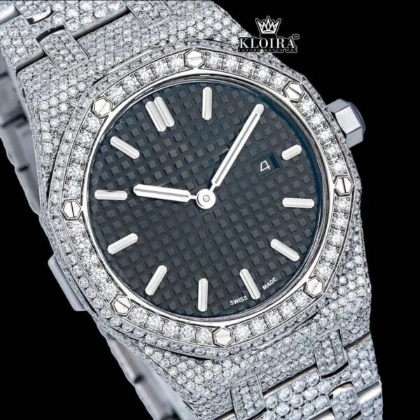 Stick Markers Black DIal AP Full Iced Out Moissanite Watch Close Up Dial View