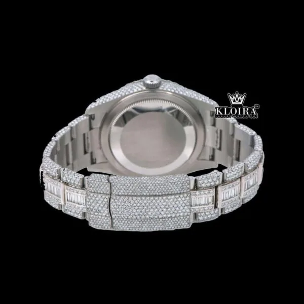 Stick Markers Black Dial Dual Time Fully Iced Out Moissanite Diamond Watch Caseback View