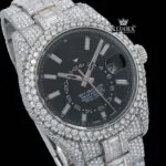 Stick Markers Black Dial Dual Time Fully Iced Out Moissanite Diamond Watch Close Up Dial View