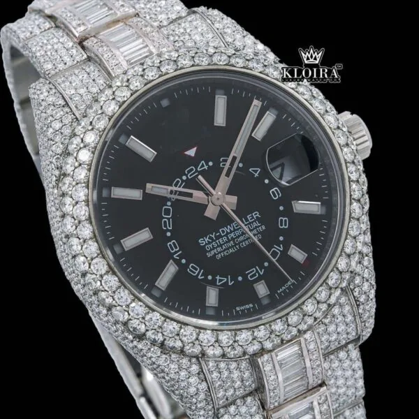 Stick Markers Black Dial Dual Time Fully Iced Out Moissanite Diamond Watch Close Up Dial View