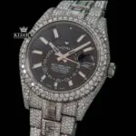 Stick Markers Black Dial Dual Time Fully Iced Out Moissanite Diamond Watch Close Up Front View