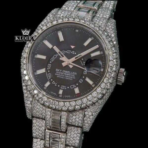 Stick Markers Black Dial Dual Time Fully Iced Out Moissanite Diamond Watch Close Up Front View