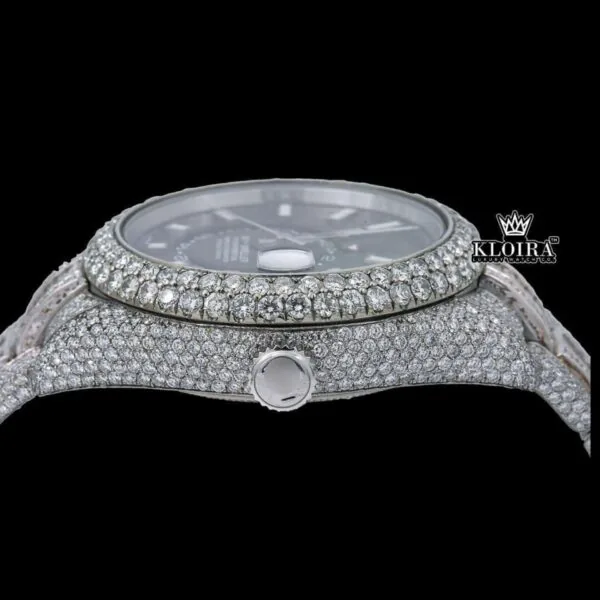 Stick Markers Black Dial Dual Time Fully Iced Out Moissanite Diamond Watch Crown View