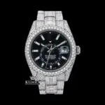 Stick Markers Black Dial Dual Time Fully Iced Out Moissanite Diamond Watch