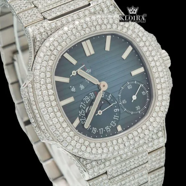 Stick Markers Blue Chronograph Dial Fully Iced Out Moissanite Watch Close Up Dial View