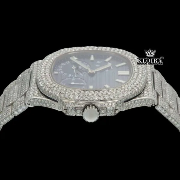 Stick Markers Blue Chronograph Dial Fully Iced Out Moissanite Watch Crown View