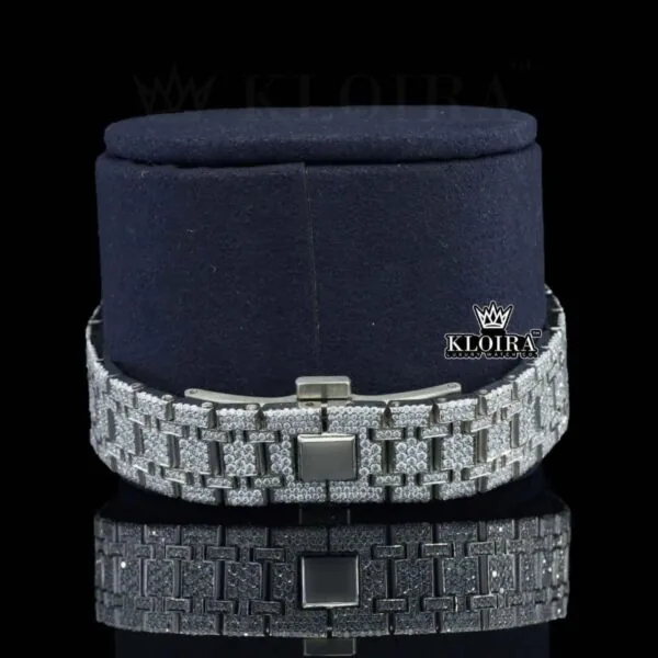 Stick Markers Blue Dial Full Iced Out Moissanite Watch Bracelet View