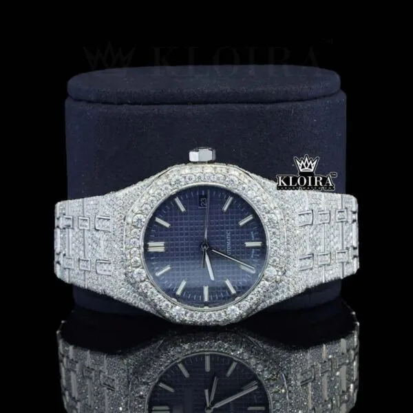 Stick Markers Blue Dial Full Iced Out Moissanite Watch Close Up Front View