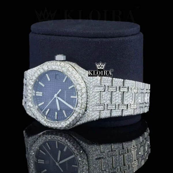 Stick Markers Blue Dial Full Iced Out Moissanite Watch Laft Profile View
