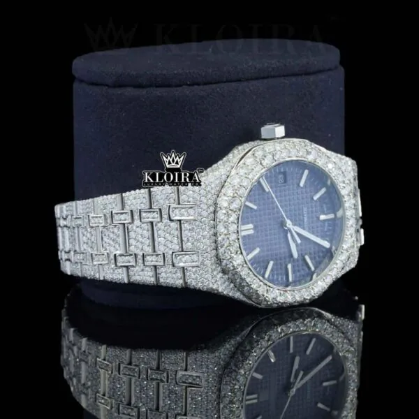 Stick Markers Blue Dial Full Iced Out Moissanite Watch Right Profile View