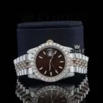 Stick Markers Brown Dial Two Tone Rose Gold Moissanite Watch Close Up Front View