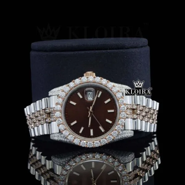 Stick Markers Brown Dial Two Tone Rose Gold Moissanite Watch Close Up Front View