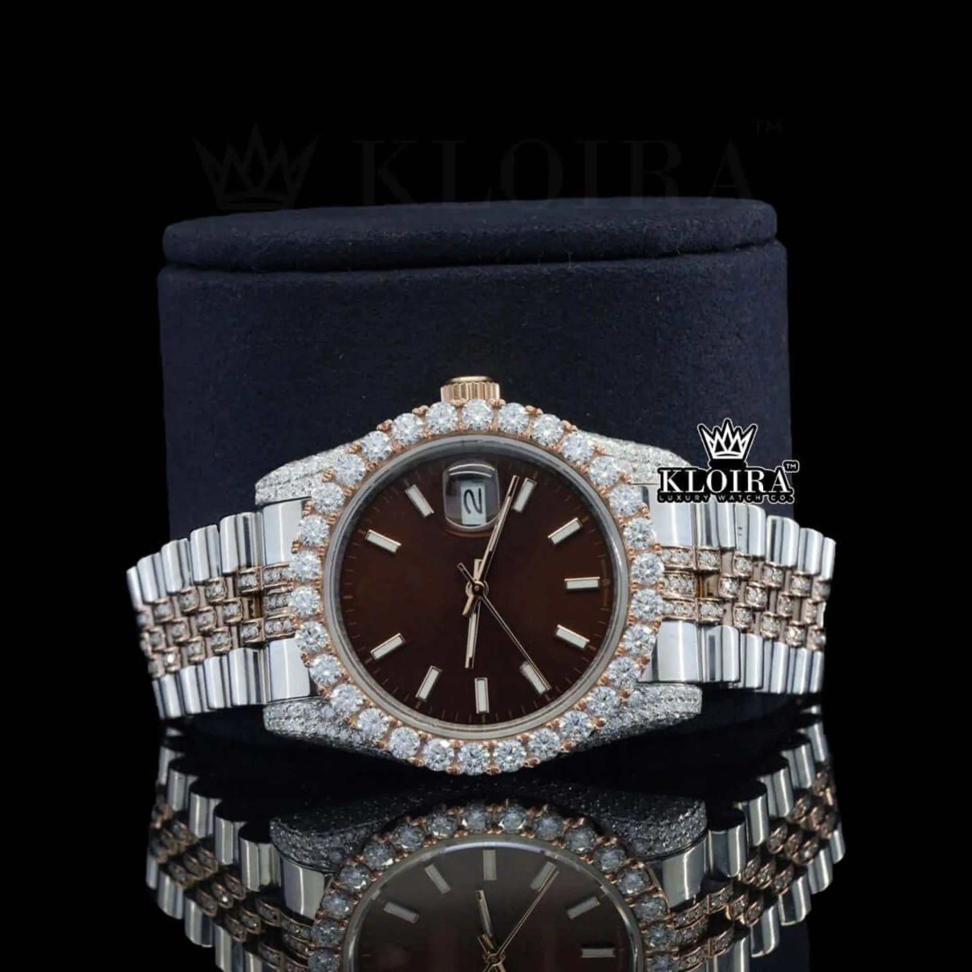 Stick Markers Brown Dial Two Tone Rose Gold Moissanite Watch Close Up Front View