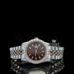 Stick Markers Brown Dial Two Tone Rose Gold Moissanite Watch Front View