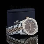 Stick Markers Brown Dial Two Tone Rose Gold Moissanite Watch Right Profile View