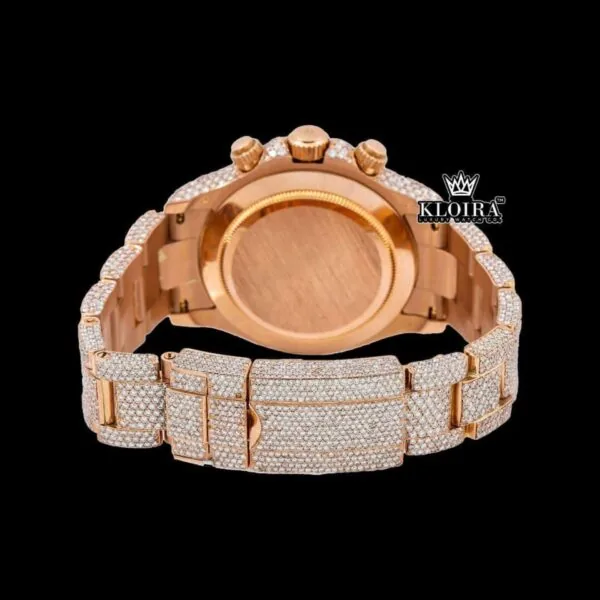 Stick Markers Chronograph Dial Rose Gold Fully Iced Out Moissanite Watch Caseback View
