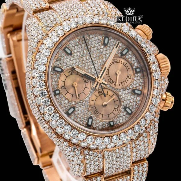 Stick Markers Chronograph Dial Rose Gold Fully Iced Out Moissanite Watch Close Up Dial View