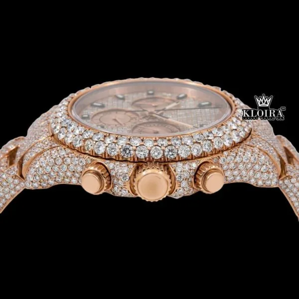 Stick Markers Chronograph Dial Rose Gold Fully Iced Out Moissanite Watch Crown View
