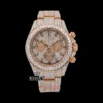 Stick Markers Chronograph Dial Rose Gold Fully Iced Out Moissanite Watch