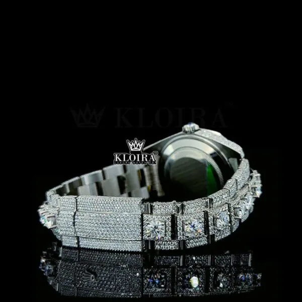 Stick Markers White Dial Diamond Link Strap Iced Out Moissanite Watch Caseback View