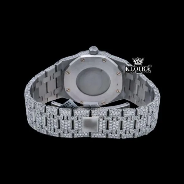 Stick Markers White Dial Full Iced Out Moissanite Diamond Watch Caseback View