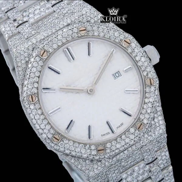 Stick Markers White Dial Full Iced Out Moissanite Diamond Watch Close Up Dial View