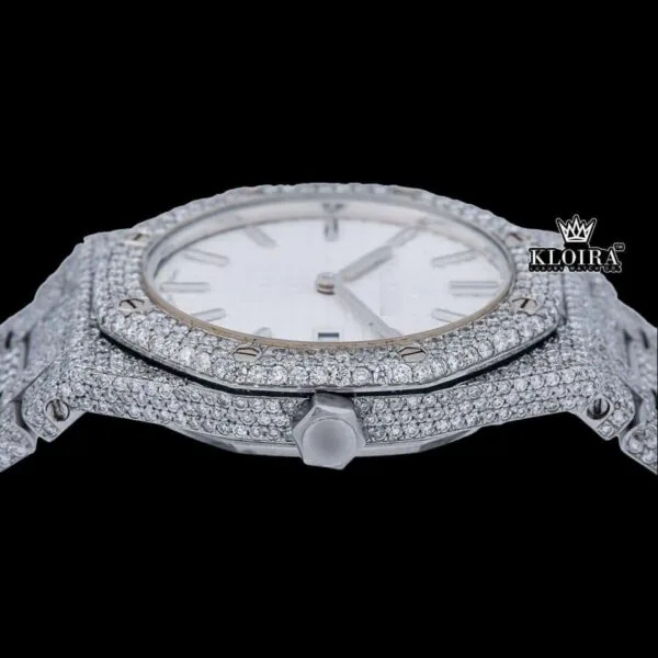 Stick Markers White Dial Full Iced Out Moissanite Diamond Watch Crown View