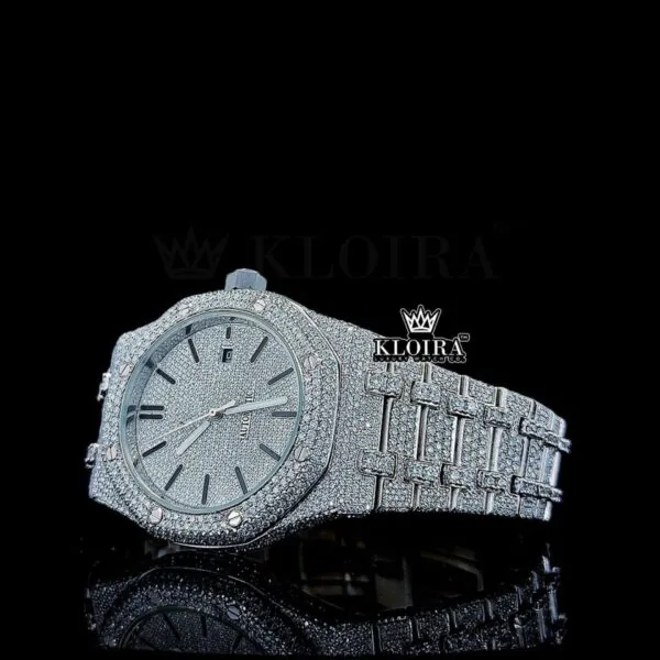 Stick Markers White Dial Fully Iced Out AP Moissanite Diamond Watch Left Profile View