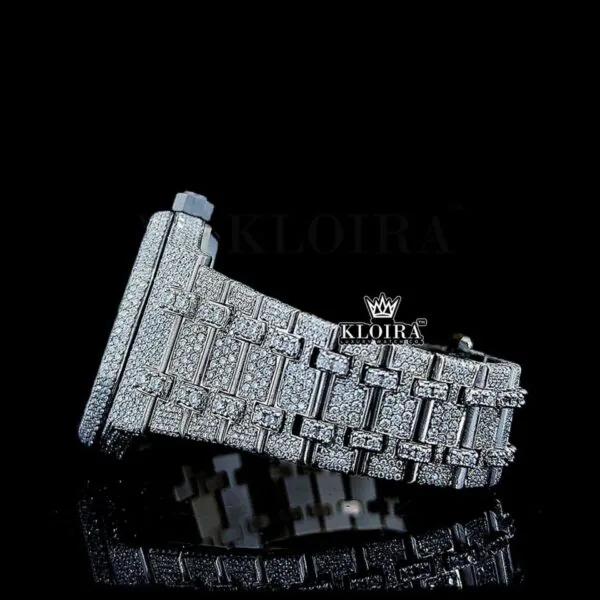 Stick Markers White Dial Fully Iced Out AP Moissanite Diamond Watch Left Side View