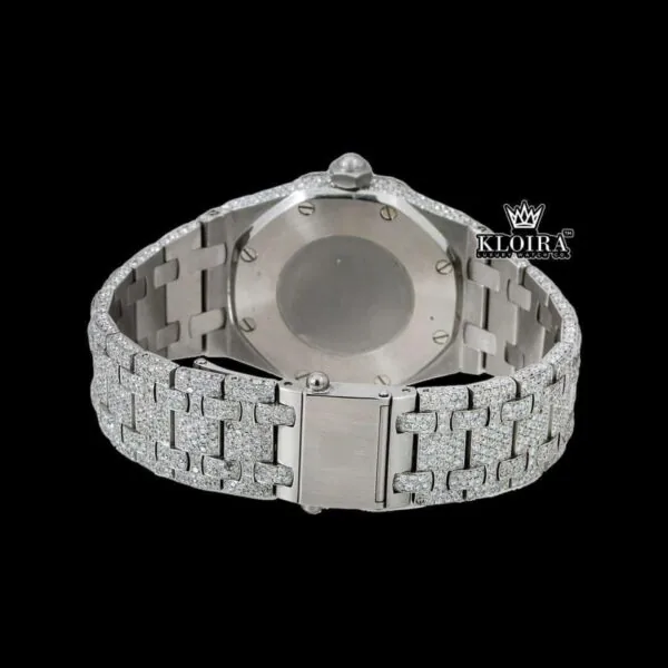 Stick Markers White Dial Fully Iced Out Moissanite Diamond Watch Caseback View