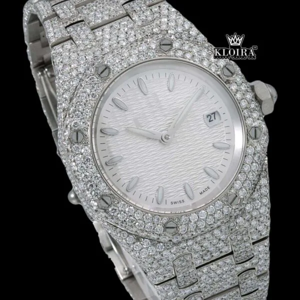 Stick Markers White Dial Fully Iced Out Moissanite Diamond Watch Close Up Dial View