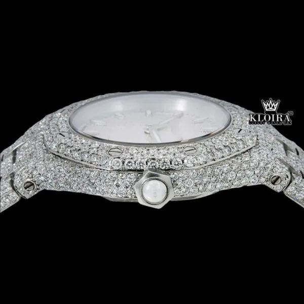 Stick Markers White Dial Fully Iced Out Moissanite Diamond Watch Crown View