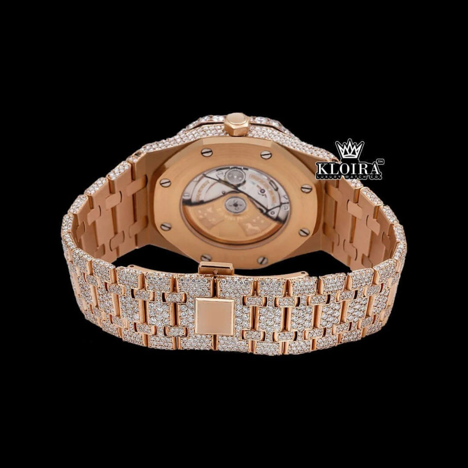 Stick Markers White Dial Rose Gold Moissanite Diamond Watch Caseback View