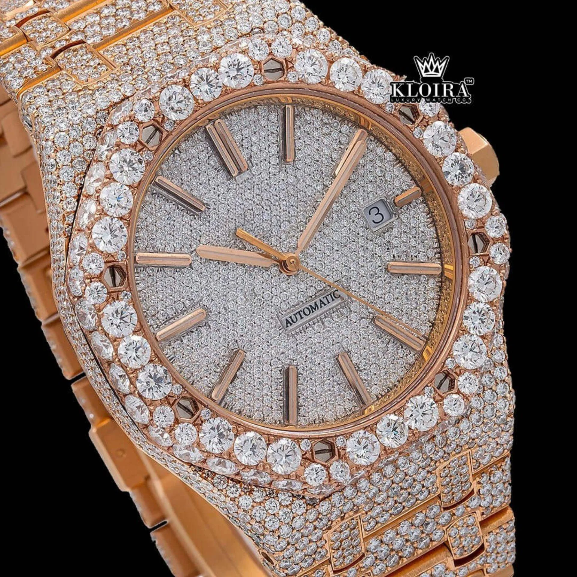 Stick Markers White Dial Rose Gold Moissanite Diamond Watch Close Up Dial View