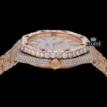 Stick Markers White Dial Rose Gold Moissanite Diamond Watch Crown View