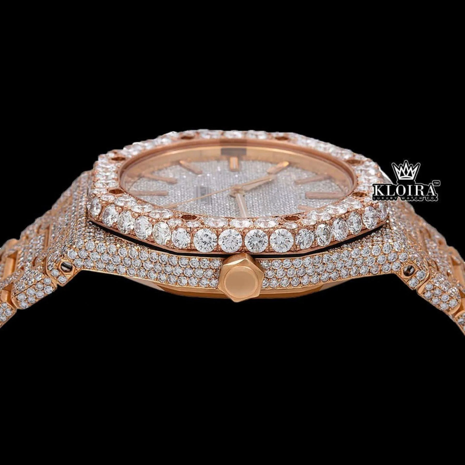 Stick Markers White Dial Rose Gold Moissanite Diamond Watch Crown View