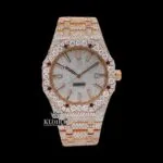 Stick Markers White Dial Rose Gold Moissanite Diamond Watch Front View