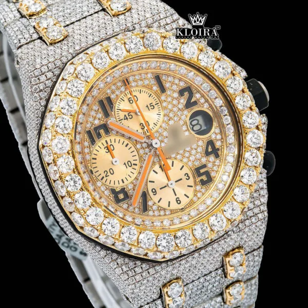 Two Tone AP Moissanite Diamond Watch with yellow dial and diamond embellishments in 14K gold plating.