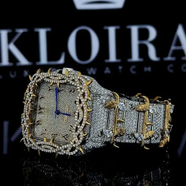 Thorn Bezel Yellow Gold Arabic Numerals Moissanite Diamond WatchLeft Profile View