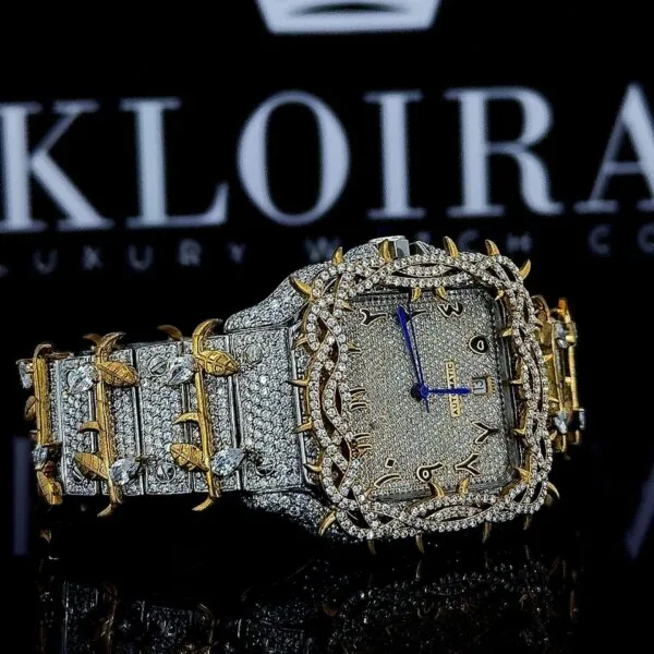 Thorn Bezel Yellow Gold Arabic Numerals Moissanite Diamond Watch Right Profile View