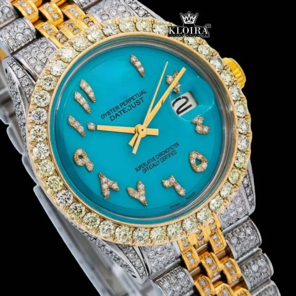 Tiffany Blue Arabic Dial Two Tone Diamond Link Strap Moissanite Watch Close Up Dial View