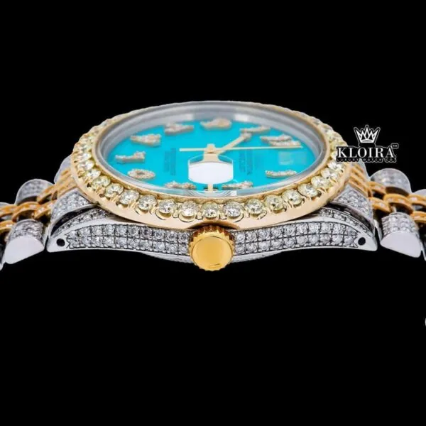 Tiffany Blue Arabic Dial Two Tone Diamond Link Strap Moissanite Watch Crown View