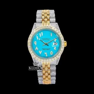 Tiffany Blue Arabic Dial Two Tone Diamond Link Strap Moissanite Watch