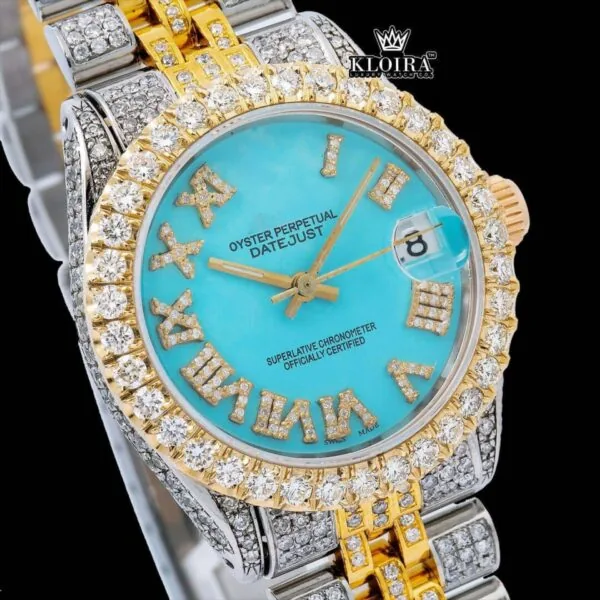 Tiffany Blue Roman Dial Two Tone Iced Out Moissanite Watch Close Up Dial View