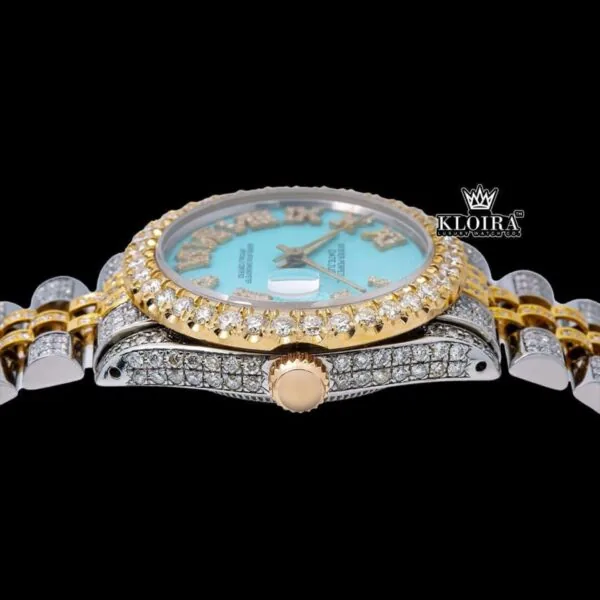Tiffany Blue Roman Dial Two Tone Iced Out Moissanite Watch Crown View