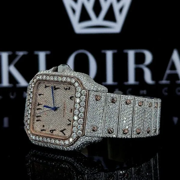 Two Tone Arabic Numerals Rose Gold Dial Moissanite Diamond Watch Left Profile View