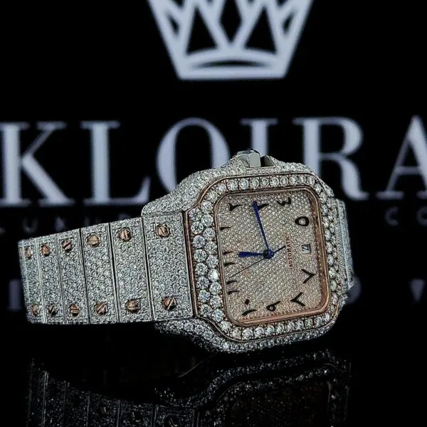Two Tone Arabic Numerals Rose Gold Dial Moissanite Diamond Watch Right Profile View