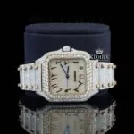 Two Tone Arabic Numerals Yellow Fully Iced Dial Moissanite Diamond Watch Close Up Front View