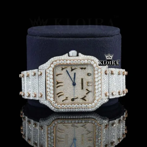 Two Tone Arabic Numerals Yellow Fully Iced Dial Moissanite Diamond Watch Close Up Front View