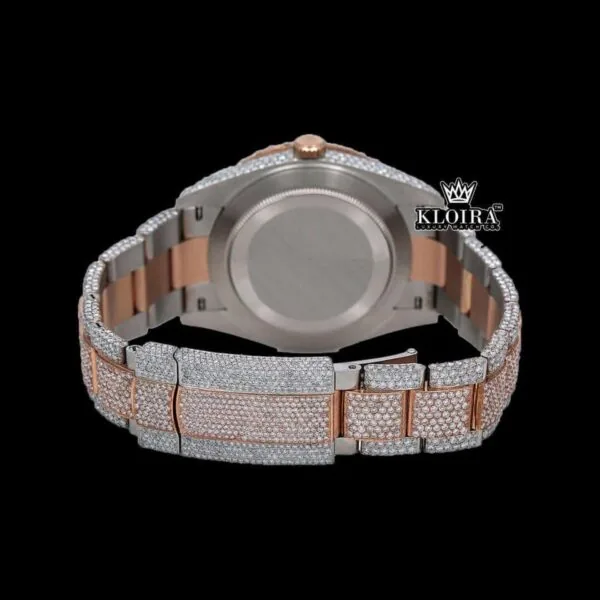 Two Tone Black Arabic Numerals Bust Down Moissanite Diamond Watch Caseback View